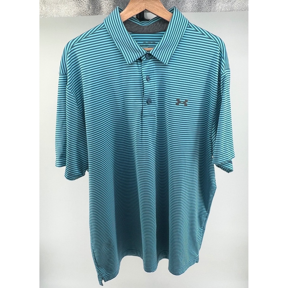 Under Armour Men's 2XL Striped Golf Polo Shirt‎ Heatgear Loose Fit Blue 0627
